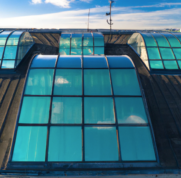 Aerial shot of rooflight on office building blue sky
