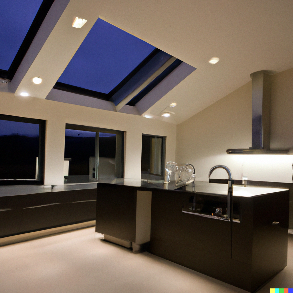 A kitchen with a rooflight