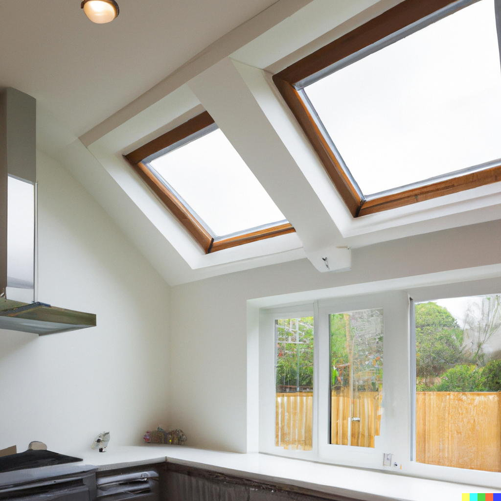 Inside of a kitchen with two skylights