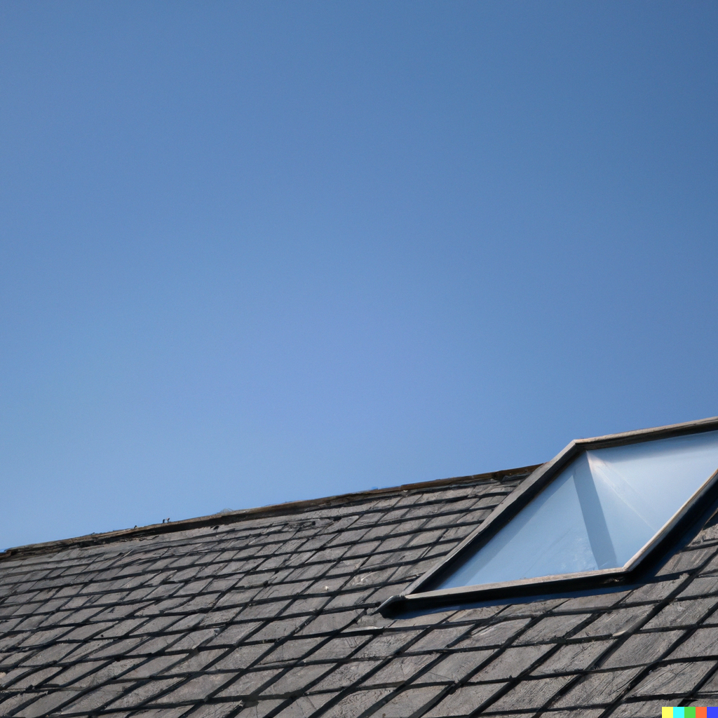 skylight on roof with blue sky in the background.